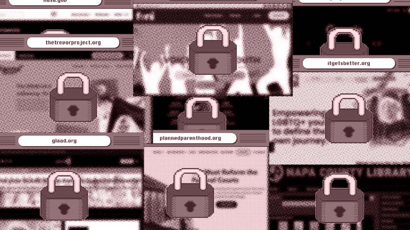 Illustration of cascading website browsers for sites like Wikipedia, Google, Nasa, It Gets Better and The Trevor Project; the browser windows have an inverted halftone filter that obscures the site's content